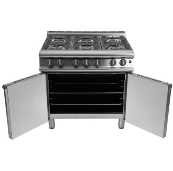 Falcon 6 Burner Dominator Plus Oven Range G3101 Propane Gas with Feet doors open