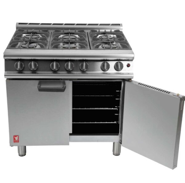 Falcon-6-Burner-Dominator-Plus-Oven-Range-G3101-Propane-Gas-with-Feet-side-door-open-Iconic-Catering